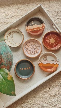 a tray filled with different types of plates on top of a carpeted floor next to a potted plant