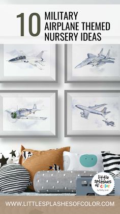 Exploring our modern military aircraft collection for kids' rooms. Create your own gallery wall of military airplane prints featuring 10 iconic fighter jets from original watercolor paintings. Painted in neutral blue and gray to coordinate with any space. Available as giclee or digital download prints. Fighter Jet Nursery, Airplane Nursery Theme, Airplane Themed Nursery, Jet Kids, Airplane Room, F 35 Lightning, F 35 Lightning Ii, A 10 Warthog, F 22 Raptor