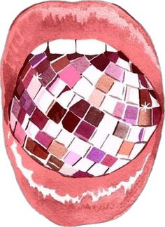 an open mouth with pink and purple tiles on it