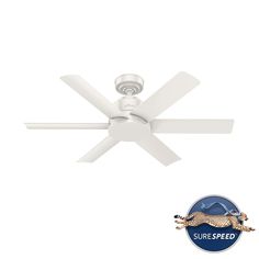 a white ceiling fan with a lizard on it's side and the words sure speed above