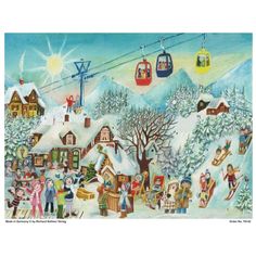 a painting of people skiing and snowboarding on a snowy day with ski lift in the background