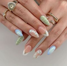 nails Simplistic Summer Nails, Blue Green Nail Ideas, Vintage Summer Nails, Blue Green White Nails, Pink Blue Green Nails, Summer Nail Inspo Green, Teal Design Nails, Blue Or Green Nails, Coastal Nails Aesthetic