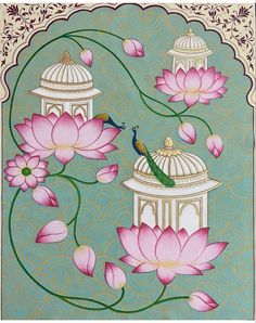 an ornate painting with pink flowers and birds on top of the water lilies in front of two white pagodas