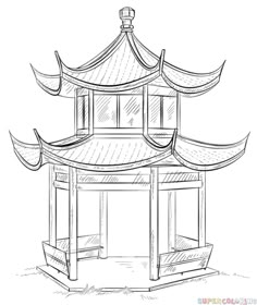 a drawing of a pagoda building