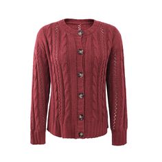 Wine Red Button-up Cable Knit Cardigan Button-up Sweater With Buttons, Red Button-up Winter Sweater, Red Long Sleeve Cable Knit Cardigan, Red Button-up Cardigan For Winter, Red Cable Knit Long Sleeve Cardigan, Red Buttoned Sweater For Winter, Red Sweater With Buttons For Winter, Red Winter Sweater With Buttons, Red Knit Outerwear With Buttons