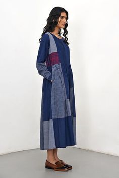 Navy handloom cotton tiered dress with striped printed patchwork, color blocked pattern, textured work, pleats and quilting inserts. - Aza Fashions Blue Cotton Patchwork Dress, Cotton Long Sleeve Dress With Pintucks, Long Sleeve Cotton Dress With Pintucks, Payal Pratap, Tiered Dress, Pattern Blocks, Dress For Women, Women Dresses, Aza Fashion