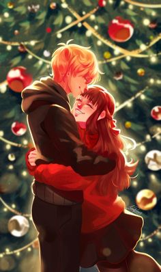 a couple hugging in front of a christmas tree