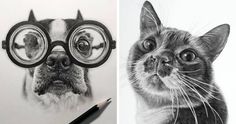 a pencil drawing of a dog with glasses on it's face next to a photo of a cat