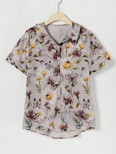 Gray Floral Buttons Collared Short Sleeve Shirt Summer Floral Print Top With Casual Collar, Casual Collar Blouse For Summer, Collared Short Sleeve Floral Print Shirt For Spring, Casual Short Sleeve Shirt With Floral Print For Spring, Summer Floral Print Button-up Tops, Floral Print Button-up Tops For Summer, Casual Short Sleeve Shirt With Floral Print, Casual Floral Print Button-up Short Sleeve Shirt, Casual Short Sleeve Floral Print Blouse