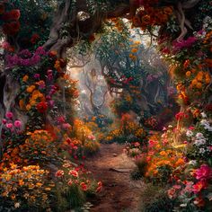 an image of a garden with flowers and trees in the background that is painted to look like a fairy tale