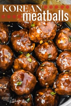 korean meatballs in a slow cooker with text overlay