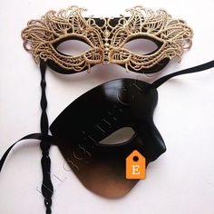 "Couples Simple Black Mask on Stick, Phantom Masks, Black Tie Events, Formal Masquerade, His and Hers Masquerade Mask Set Ladies Masquerade mask on a stick decorated with Gold lace overlay (option to add Rhinestones). The Mask comes attached to the stick. Perfect for any masquerade ball or costume party. Men's mask is a half face phantom mask to match the ladies mask in a gold ombré hue. The color can be customized (leave note during checkout). S H I P P I N G - Processed same day or within 24 h Formal Masquerade, Phantom Mask, Masks Black, Wedding October, Black Tie Events, Metal Mask, Masked Ball, Carnival Festival, Masquerade Masks