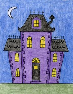 a drawing of a purple house with windows and a moon in the sky above it