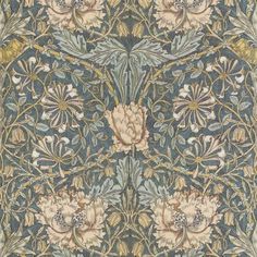 an intricately designed wallpaper with flowers and leaves in blue, green, yellow and beige colors