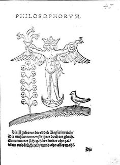 an old book with a drawing of a man holding a bird on it's shoulder