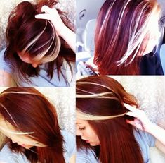 Red And Gray Hair Color Combos, Dark Red Hair With Blonde Peekaboos, Burgundy Hair With Highlights, Blonde Fringe, Highlight Hair, Red Blonde, Red Ombre Hair, Blonde Bangs