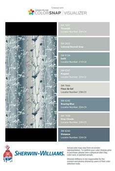 the color scheme for sherylin williams's paint swatches is shown in blue and