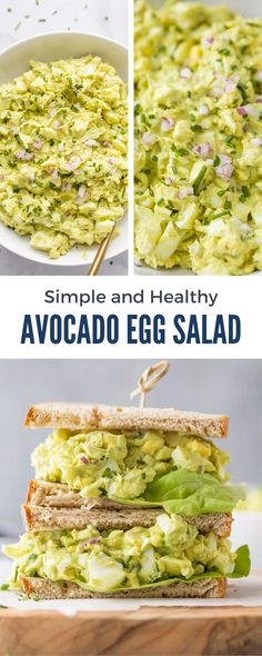 an avocado egg salad is cut in half and stacked on top of each other