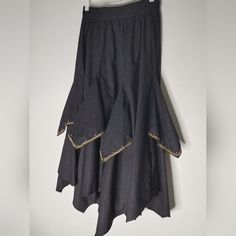 Vintage Varda Garfinkel Layered 80s Maxi Skirt. Tag Size S, Smaller Fit. 100% Cotton. Top Tier Has Gold Trim As Pictured. Button Layers Have Fabric Panels To Create A Gorgeous Silhouette. No Holes Or Stains. Attention: Vintage/Thrifted Items Can Have Loose Threads, Faded Colors, Discoloration, Pilling, And/Or Mild Odors. Major Defects Will Be Listed. Some Specialty Fabrics, Nwt Items, Or Bulkier Items May Not Be Washed. Ask All Questions Related To Color, Size, Or Condition Prior To Purchase. Al Vintage Fitted Asymmetrical Skirt, Black Vintage Ruffled Skirt, Black Vintage Tiered Skirt, Vintage Black Long Skirt, Vintage Black Skirted Bottoms, Flared Denim Skirt, Long Denim Skirt, Bow Detail Dress, Fade Color