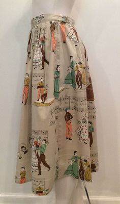 "Novelty print, western square dancing print vintage (1950's-1960's)skirt. Homemade, no tags. I took down the hem because it had been shortened twice and I wanted to see what it would look like after it was washed and ironed, so this will need to be hemmed, I left about 1/4\" turned under. I think you can see in the photos, 2 faint hem lines. If those lines bother you I think it would look cute with some rick rack trim all around to cover but that is up to you. There is a side vinyl zipper and b Retro Fitted Skirt For Festival, Vintage Fitted Skirt For Festival, Vintage Skirt With Retro Print For Spring, 1920s Western Skirt, Vintage Ruffled Skirt For Festival, Vintage Retro Print Skirt For Spring, Summer Vintage Skirt With Retro Print, Retro Fitted Patchwork Skirt, Vintage Western Skirt