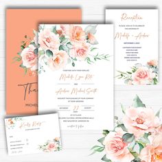 wedding stationery with peach flowers and greenery