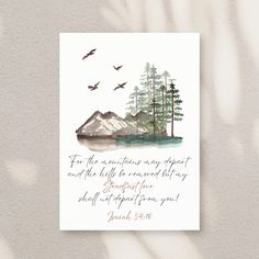 a card with a watercolor painting of trees and birds in the sky above it