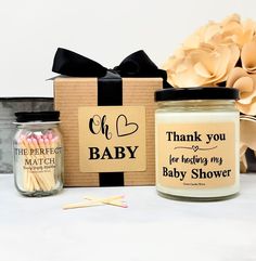 Our natural soy gift candle is a great way to say Thank you to that special one that is hosting your shower, game prizes or gifts for guests. 4OZ GIFT SET INCLUDES: 1- 4OZ MINI CANDLE 1- BOTTLE OF MATCHES 1- GIFT BOX 9OZ GIFT SET INCLUDES: 1 - 9OZ CANDLE 1- BOTTLE OF MATCHES 1- GIFT BOX 16OZ GIFT SET INCLUDES: 1- 16OZ CANDLE 1- BOTTLE OF MATCHES 1- GIFT BOX  VERY IMPORTANT If you order Candle Only - You will receive only the candle If you choose Candle and Box - You will receive the candle and gift box only If you choose Candle and Matches - You will receive the candle and matches only. In order to receive all 3 items, you need to order Gift Set in the size you wish from the MATERIAL drop down menu. Product Details: Candle Size: 4oz - Height 2.75" - Width 2.35" 9oz - Height: 3.5" - Width 2 Baby Shower Games Prizes, Hosting Gift, Baby Shower Hostess Gifts, Baby Shower Game Prizes, Shower Hostess Gifts, Mini Mason Jars, Mini Candle, Game Prizes, Gift Candle