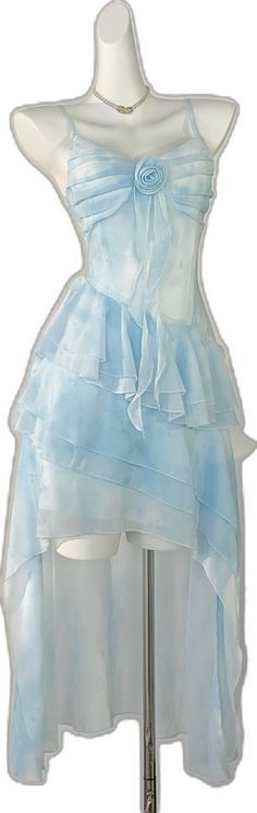 Blue Sleeveless Organza Dress, Blue Organza Sleeveless Dress, Sleeveless High Low Dress For Prom Season, Light Blue Organza Dress With Ruffles, Blue Sleeveless Dress For Spring Wedding, Blue Sleeveless Wedding Dress For Spring, Blue Dresses With Layered Hem For Spring, Blue Layered Hem Dress For Spring, Blue A-line Sleeveless Dress With Ruffles