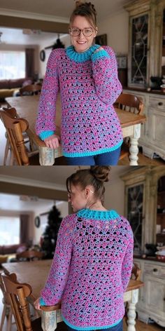 two pictures of a woman sitting at a table wearing a purple crocheted sweater