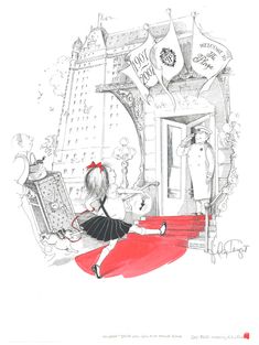 a drawing of a woman in a red dress sitting on the floor with an umbrella