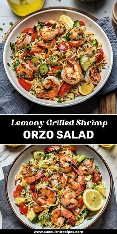 two plates filled with shrimp, pasta and vegetables on top of a table next to lemons