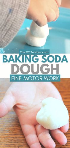 someone is baking soda dough on a wooden table with the words, how to bake soda dough fine motor work