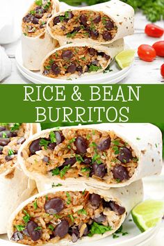 rice and bean burritos on a white plate