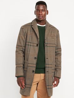 Plaid Topcoat | Old Navy Plaid Overcoat Men, Old Navy Plaid Coat, Timeless Plaid Single-breasted Outerwear, Brown Plaid Flannel, Button-up Plaid Outerwear For Outdoor, Family Pajamas, Family Maternity, Top Coat, Chest Pocket