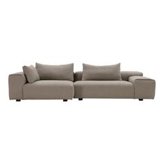 a gray couch with pillows on it and one arm facing the other direction, in front of a white background