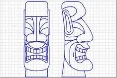 a drawing of two totems with faces on them