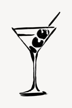 a black and white drawing of a martini glass with olives on the rim,