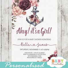 an anchor and flowers baby shower card with the words, ahoy it's a girl