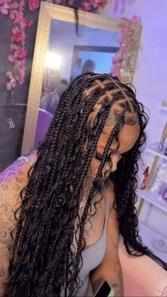 Bck 2 School Hairstyles Braids, Boho Knotless Ponytail, Boho Knotless With Bow, Black Hair Ideas Braids, Bohoieam Braids, Medium Sized Boho Knotless Braids, Boho Braids With Edges, Boho Brown Hair, Triangle Boho Knotless Braids