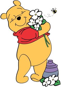 winnie the pooh with flowers on his chest and a bee flying over it's back