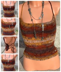 four pictures of a woman wearing a tank top with multiple necklaces on her neck