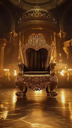 an ornate gold chair in a dimly lit room