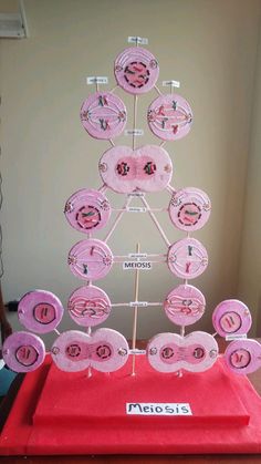 a pink cake with buttons on it sitting on top of a red tray in front of a wall