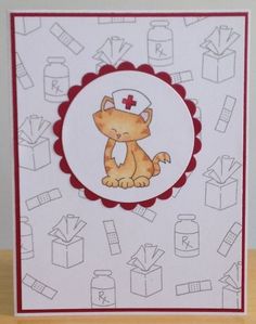 a card with an image of a cat in a nurse's hat on it