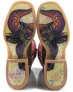 Leather upper with leather lining. Broad square toe. Stockman heel. Pull on style. Bull doodle graphic on rubber outsoles. 11" shaft height. Bull Doodle, Rocker Chic Style, Tin Haul, Womens Cowgirl Boots, Super Nova, Rainbow Star, Rocker Chic, Boots For Sale, Embroidered Design