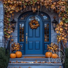 a blue front door with two pumpkins on the steps and ivy growing over it