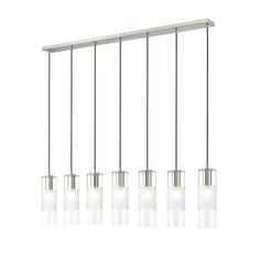 five lights hanging from a ceiling fixture with glass shades on the top and bottom bars