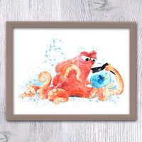 an orange octopus with a blue ball in it's mouth sitting on the floor