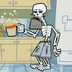 a cartoon skeleton holding a bag with popcorn in it's hand while standing next to a counter