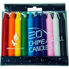 six different colored crayons are in a package with the words 20 chime spell candles